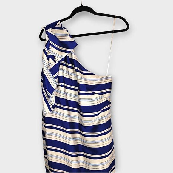 Banana Republic Womens Dress Sz 12 One Shoulder Bow Stripe Ivory Blue 10124 NWOT - Picture 3 of 12